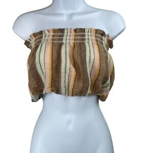 Free People Boho Striped Strapless Bubble Crop Tube Top Brown Smocked Gauze XS